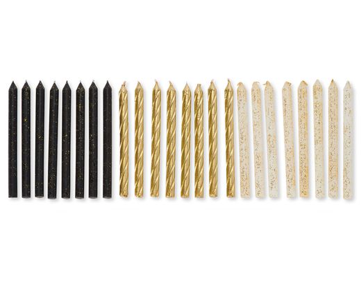 Gold Glittered Black White and Gold Birthday Candles 24-Count