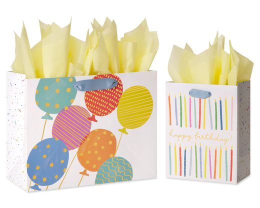 Balloons and Candles Birthday Gift Bags with Tissue Paper 2 Bags 8-Sheets
