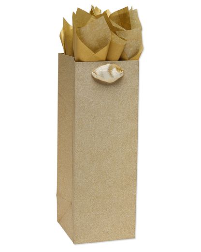 Gold Glitter Beverage Gift Bag with Gold Linen Tissue Paper 1 Gift Bag and 4 Sheets of Tissue Paper