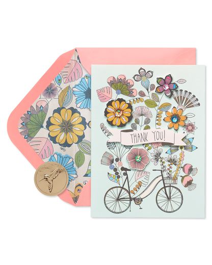 Flowers & Bike Handmade Thank You Boxed Blank Note Cards with Glitter 8-Count