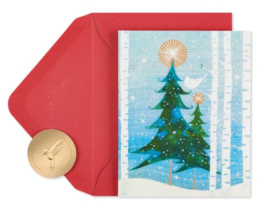 Holiday Snowbird and Tree Christmas Cards Boxed Cards - Glitter Free, 20-Count