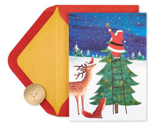 Santa Reaching for Holiday Star - Glitter Free Christmas Cards Boxed 14-Count