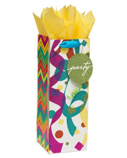 Glitter Celebration Beverage Gift Bag with Tissue Paper Bundle; 1 Gift Bag and 8 Sheets of Tissue Paper