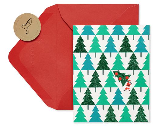 Pine Trees with Santa Holiday Christmas Boxed Cards - Glitter, 20-Count