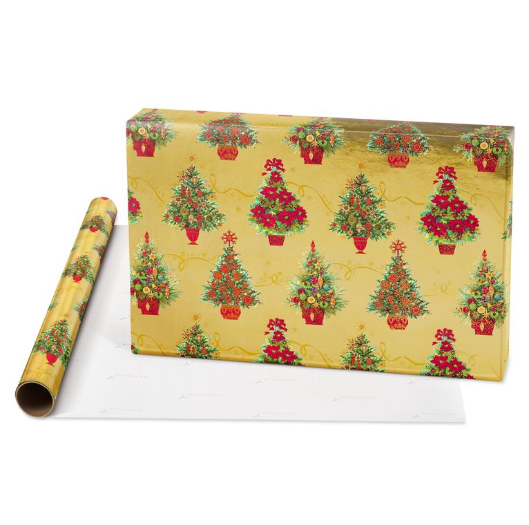 Metallic Red, Christmas Tree, Christmas Tidings Holiday Wrapping Paper Bundle, 3 Rolls