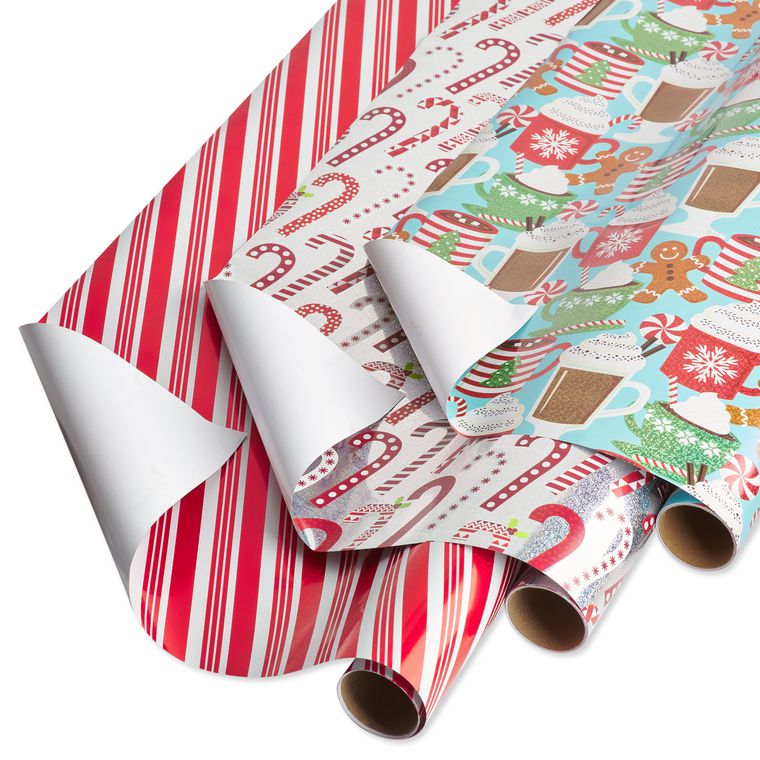 Candy Canes, Red + White Stripes, Hot Cocoa + Treats Holiday Wrapping Paper Bundle, 3 Rolls