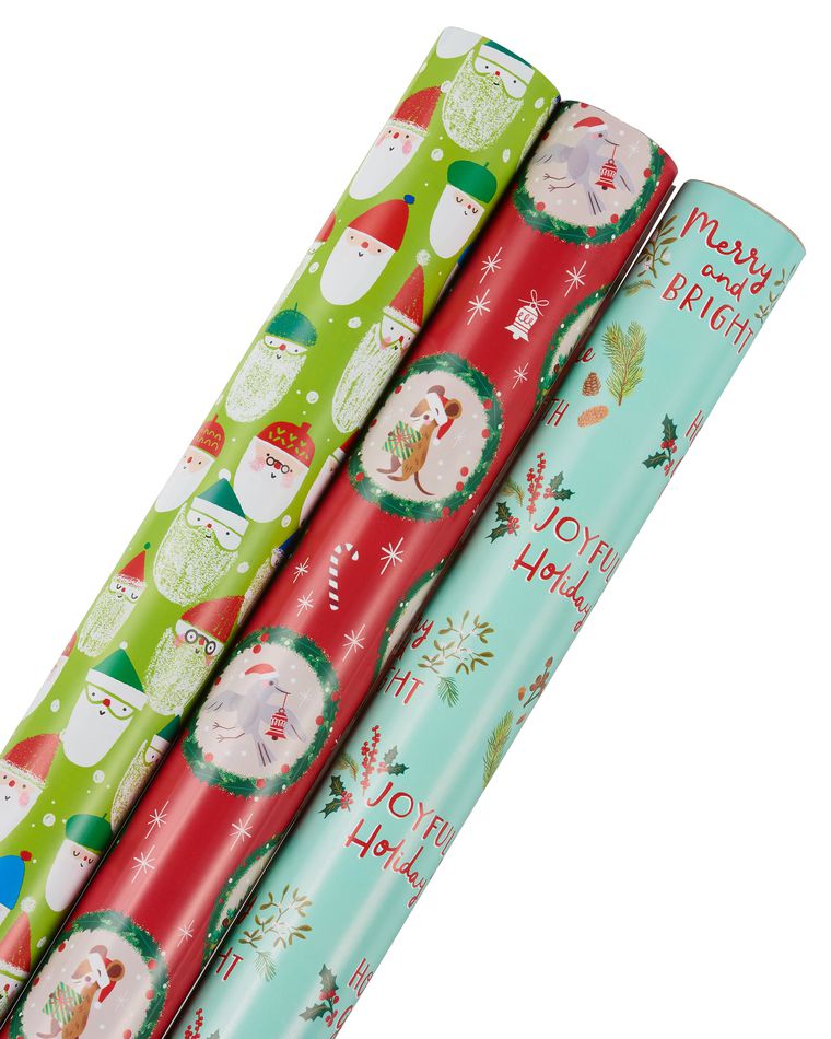 Santa Toss, Holiday Friends and Peace on Earth Holiday Wrapping Paper Bundle, 3 Rolls