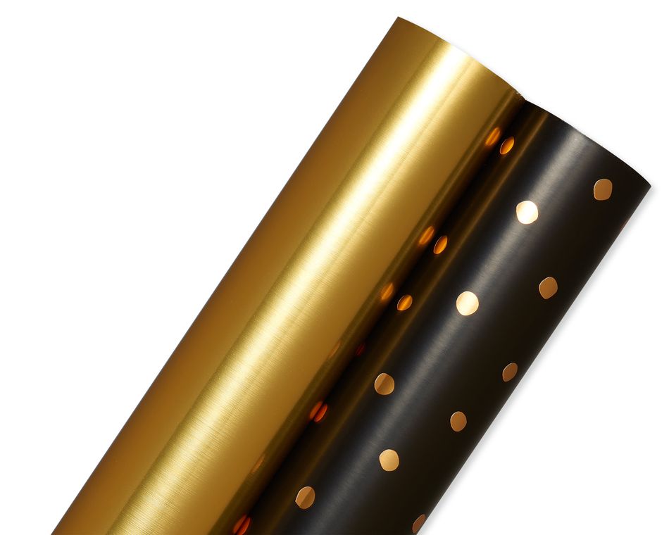 Gold Dot and Solid Gold Holiday Wrapping Paper Bundle, 2 Rolls