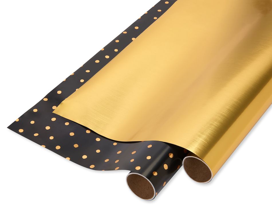 Gold Dot and Solid Gold Holiday Wrapping Paper Bundle, 2 Rolls