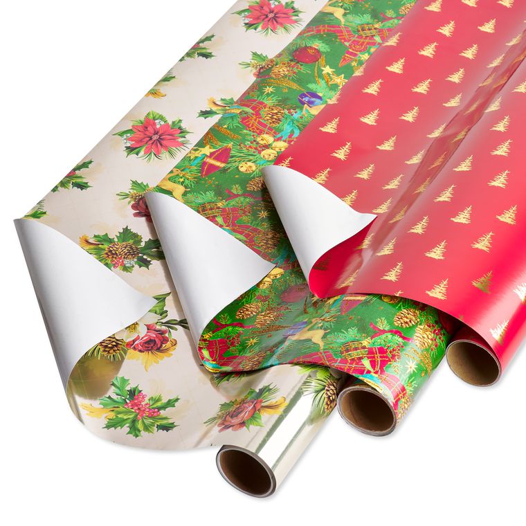 Poinsettias, Christmas Tidings, Red + Gold Trees Holiday Wrapping Paper Bundle, 3 Rolls