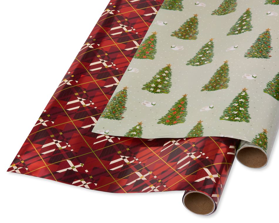 Red Plaid and Pine Trees Holiday Wrapping Paper Bundle, 2 Rolls