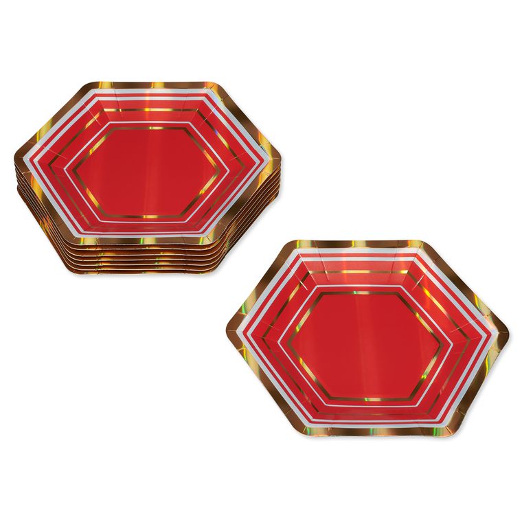 Gold & Red Stripes Christmas Dessert Plates, 8-Count