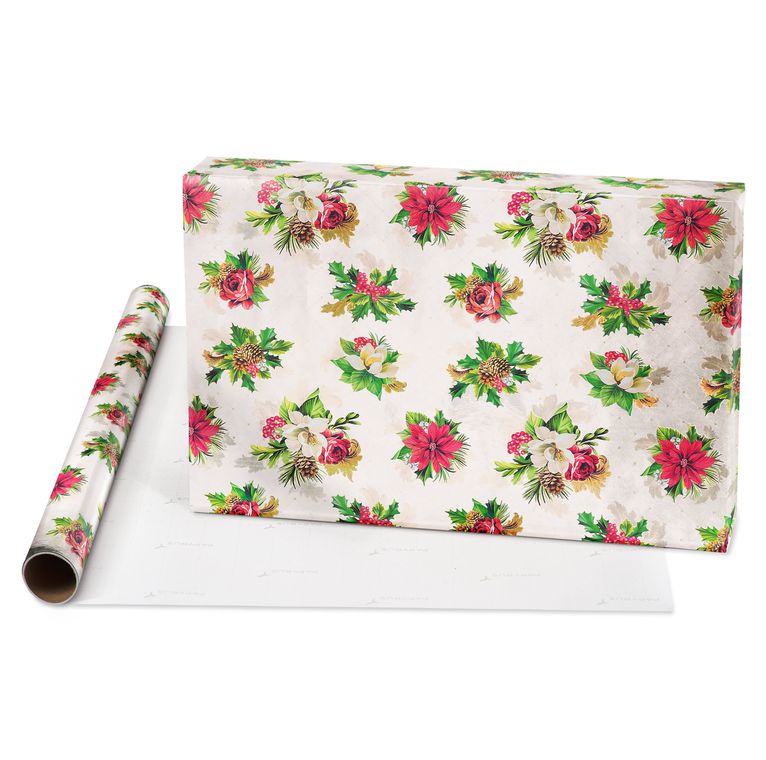Poinsettias, Christmas Tidings, Red + Gold Trees Holiday Wrapping Paper Bundle, 3 Rolls
