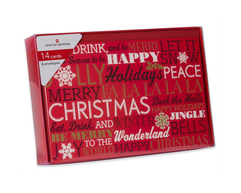 Deluxe Christmas Words Boxed Cards and Red Envelopes, 14-Count