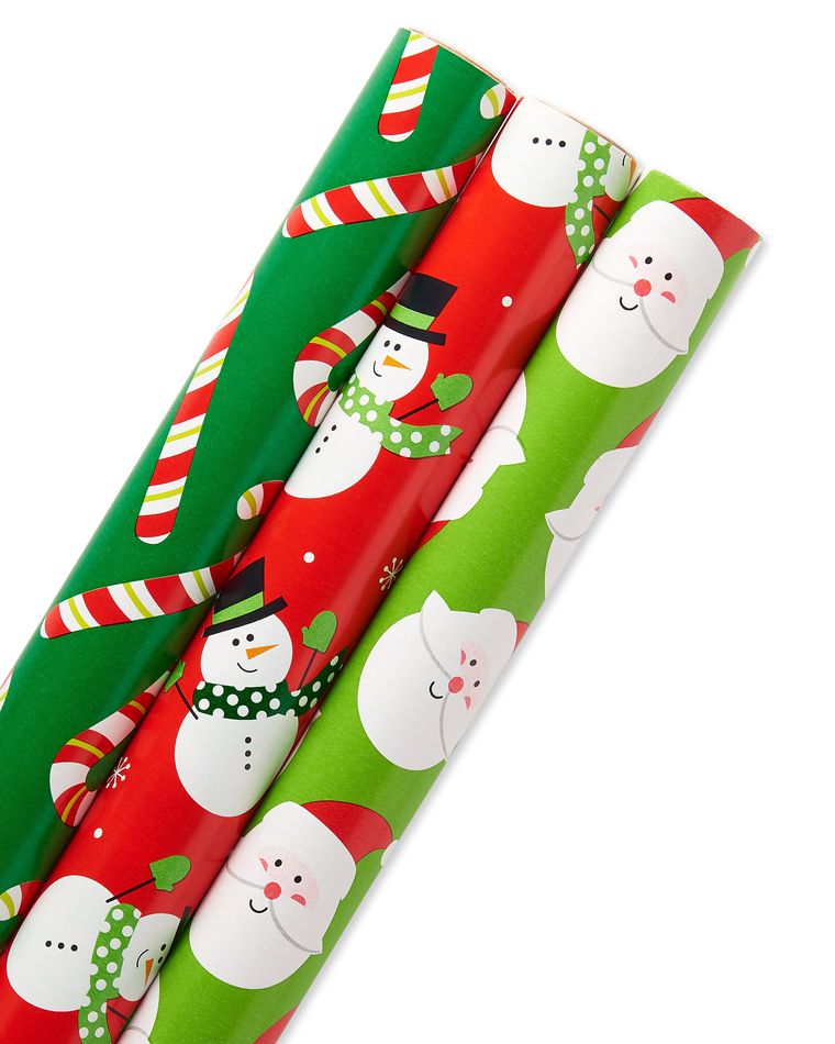 Christmas Extra-Wide Reversible Wrapping Paper, Santa, Snowmen and Candy Canes, 3-Roll, 40
