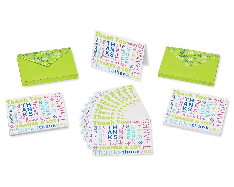 Multicolored Script Thank You Cards and Lime Green Envelopes, 50-Count