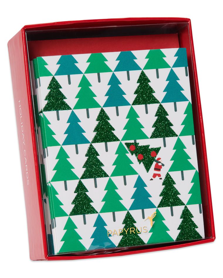 Glitter Pine Trees with Santa Holiday Christmas Cards Boxed, 20-Count