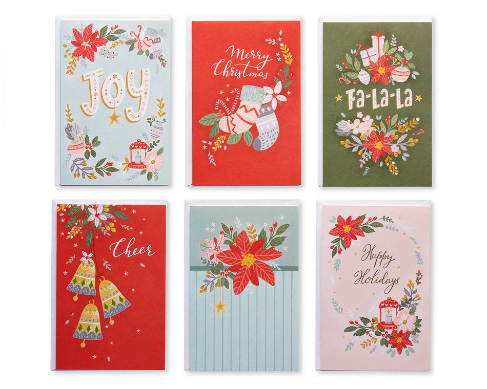 American Greetings 16 Christmas poinsettia wreath cards and envelops 5.25" x 4" 