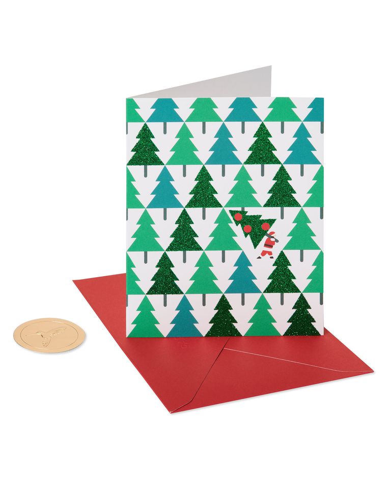 Glitter Pine Trees with Santa Holiday Christmas Cards Boxed, 20-Count