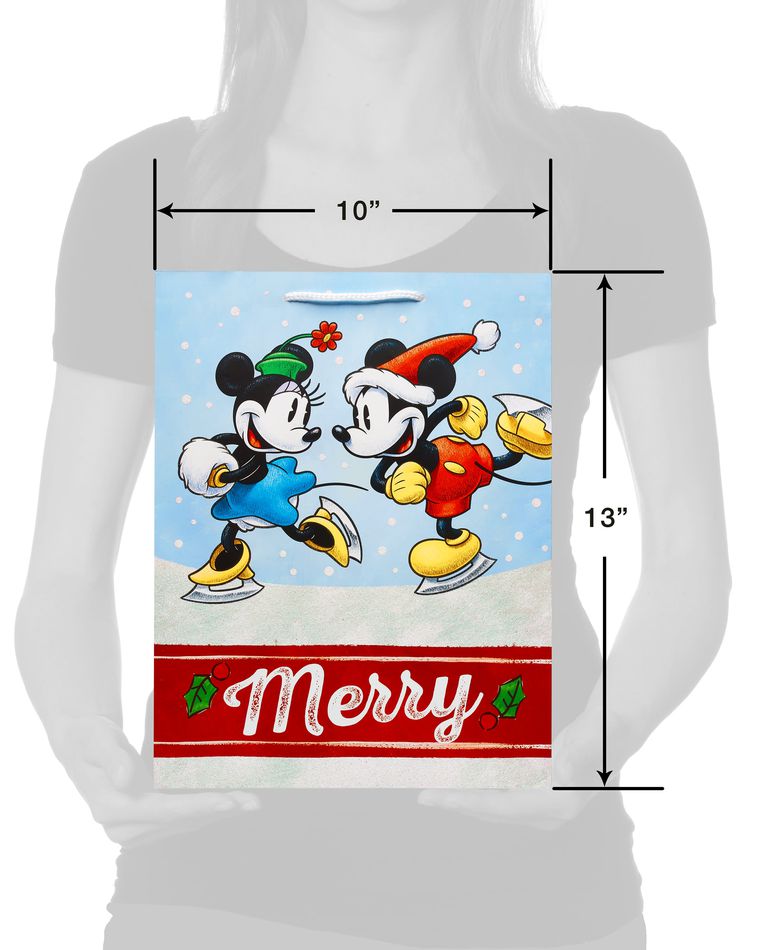 Mickey Mouse and Minnie Mouse Christmas White Glitter Medium Gift Bag