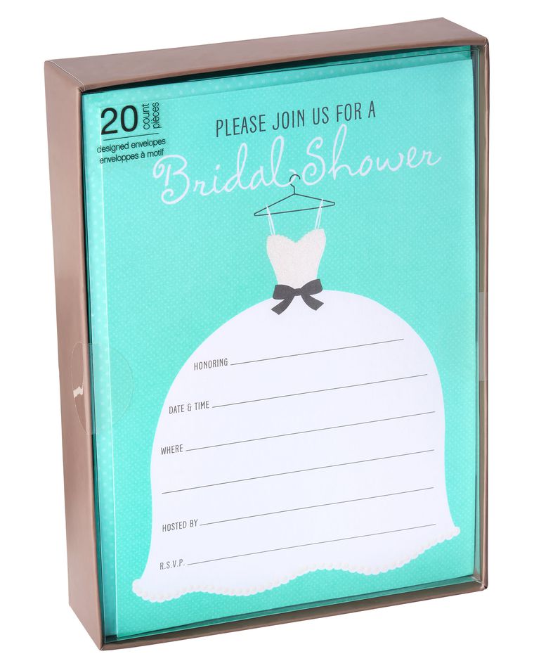 Glitter Wedding Dress Bridal Shower Invitations and Aqua Dotted Envelopes, 20-Count