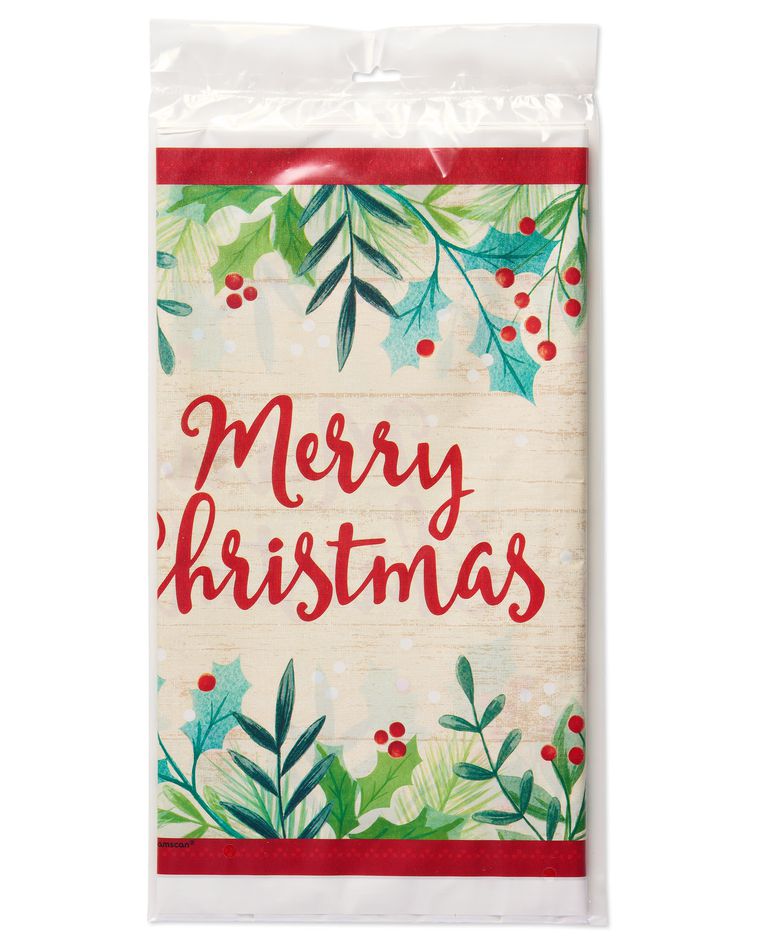 Merry Christmas Holly Plastic Table Cover