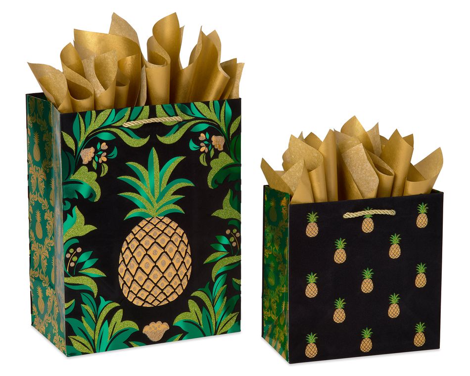 Gold Pineapple Gift Bags with Tissue Paper, 3-Count