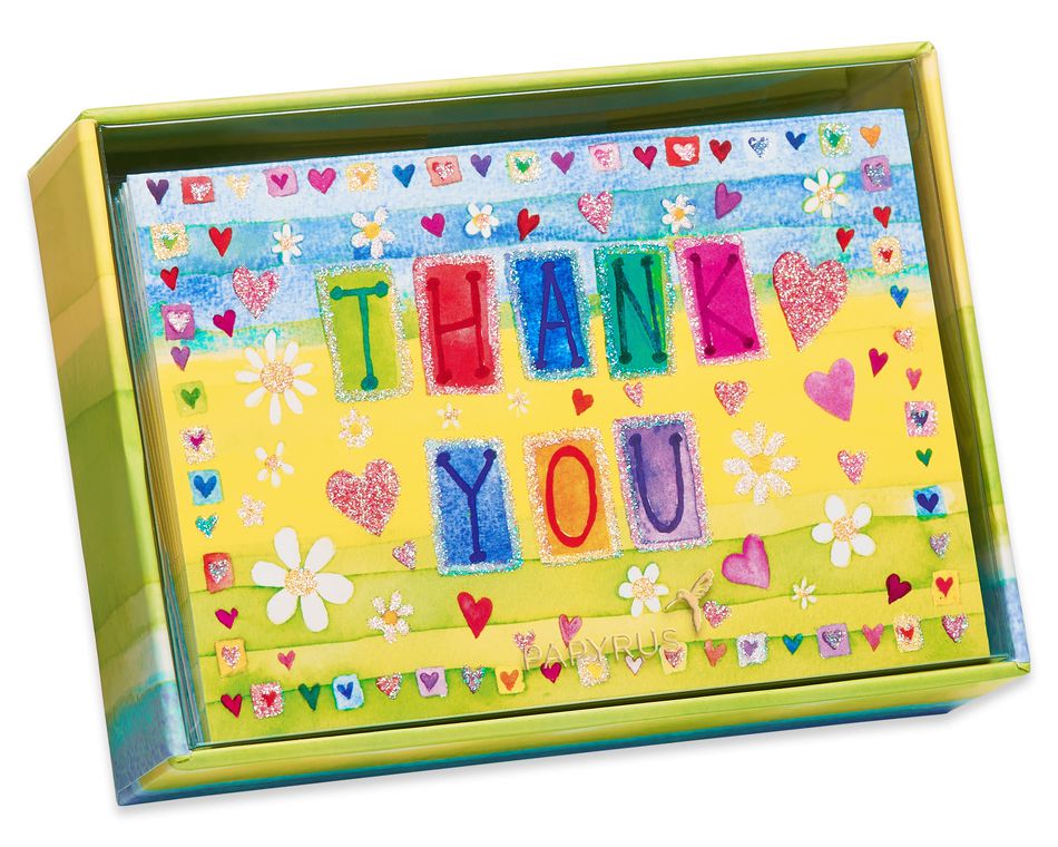 Glitter Hearts Thank You Boxed Blank Note Cards, 14-Count