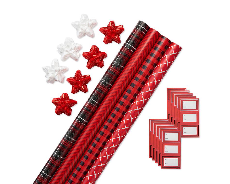 Christmas Wrapping Paper Ensemble with Bows and Gift Tags, Red, Black and White Stripes, Classic Plaid, Buffalo Plaid and Argyle, 4-Rolls, 41-Count