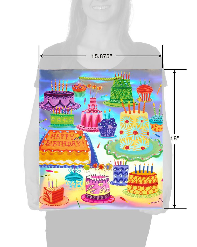 Fun Patterned Birthday Cake Jumbo Gift Bag with Scarlett Tissue Paper, 1 Gift Bag and 8 Sheets of Tissue Paper