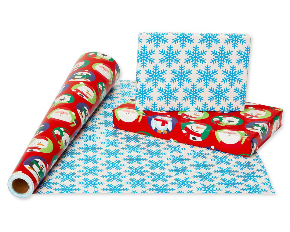 Christmas Reversible Wrapping Paper, Santa with Characters and Snowflakes Mega Roll, 30