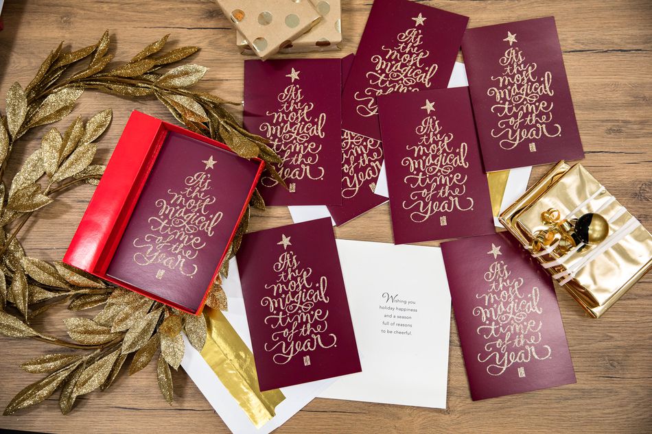 Premium Gold Lettering Tree Christmas Boxed Cards and Gold Foil-Lined White Envelopes, 14-Count