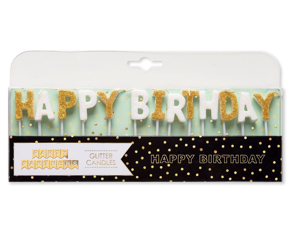 Party Partners Happy Birthday-Glitter Gold/White Long Candle Sets, 12-Count
