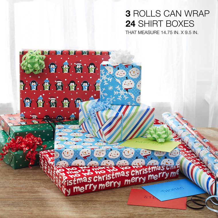 Christmas Reversible Wrapping Paper, Blue Snowman, Red Penguin and Multicolor Stripe, 3-Rolls, 120 Total Sq. Ft.