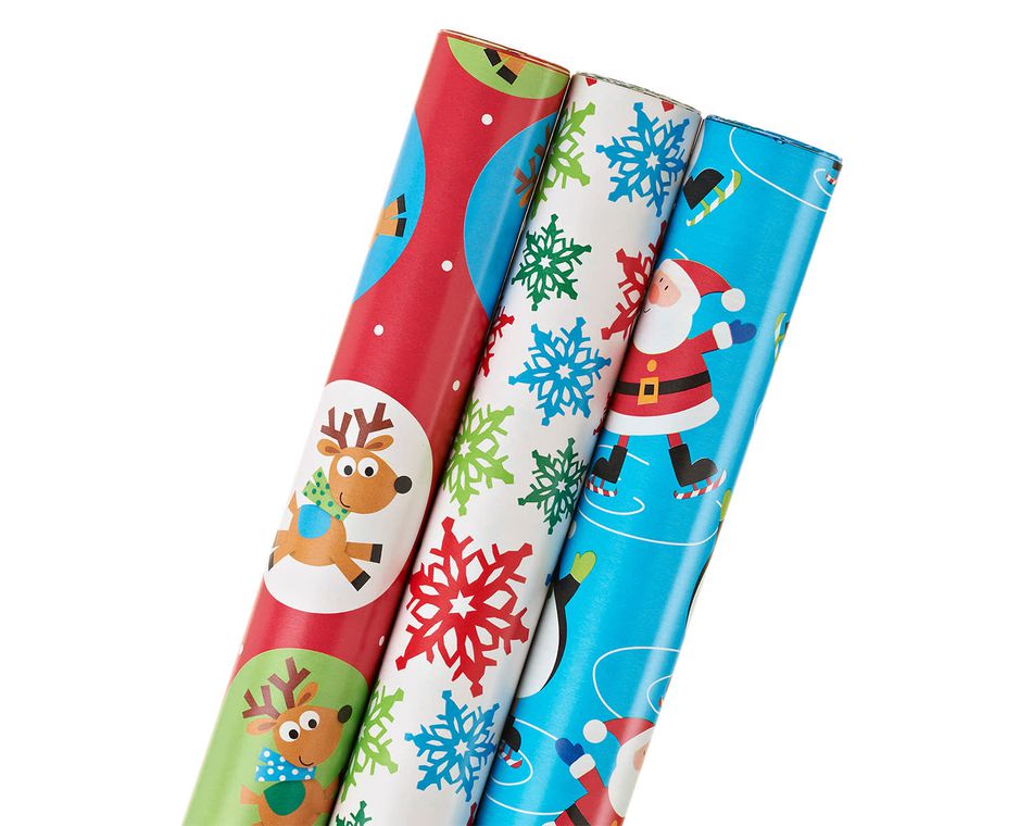 santa and friends winter fun, christmas 3-roll wrapping paper
