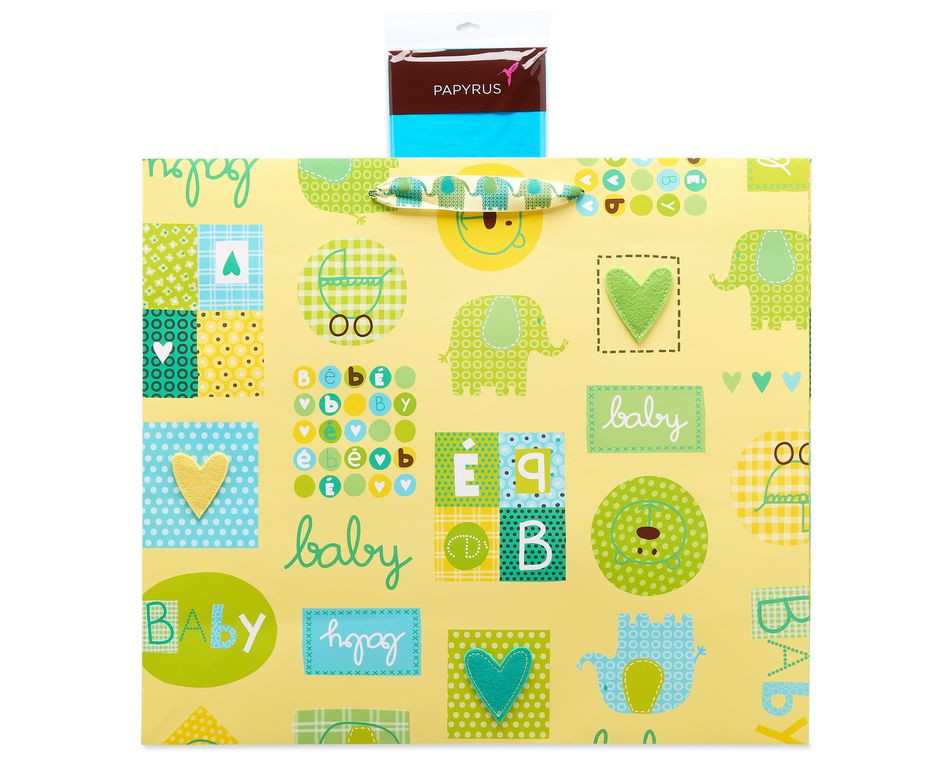 Baby Icons Jumbo Gift Bag with Turquoise Tissue Paper, 1 Gift Bag and 8 Sheets of Tissue Paper
