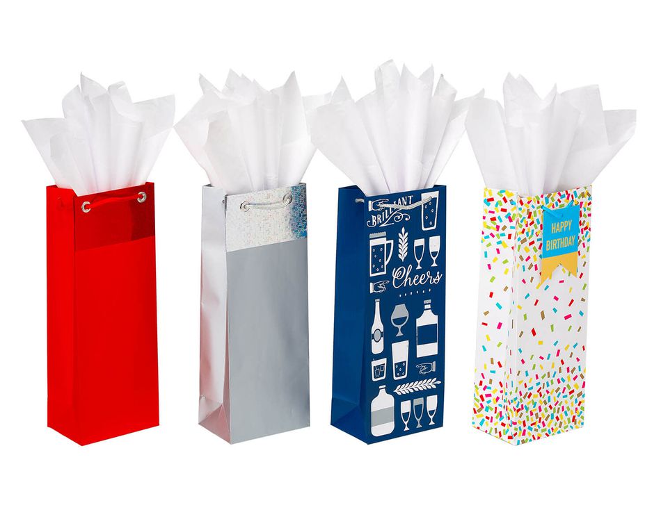 Assorted Beverage Bag and Tissue Paper Bundle, 4 Bags; 15 Sheets of Tissue