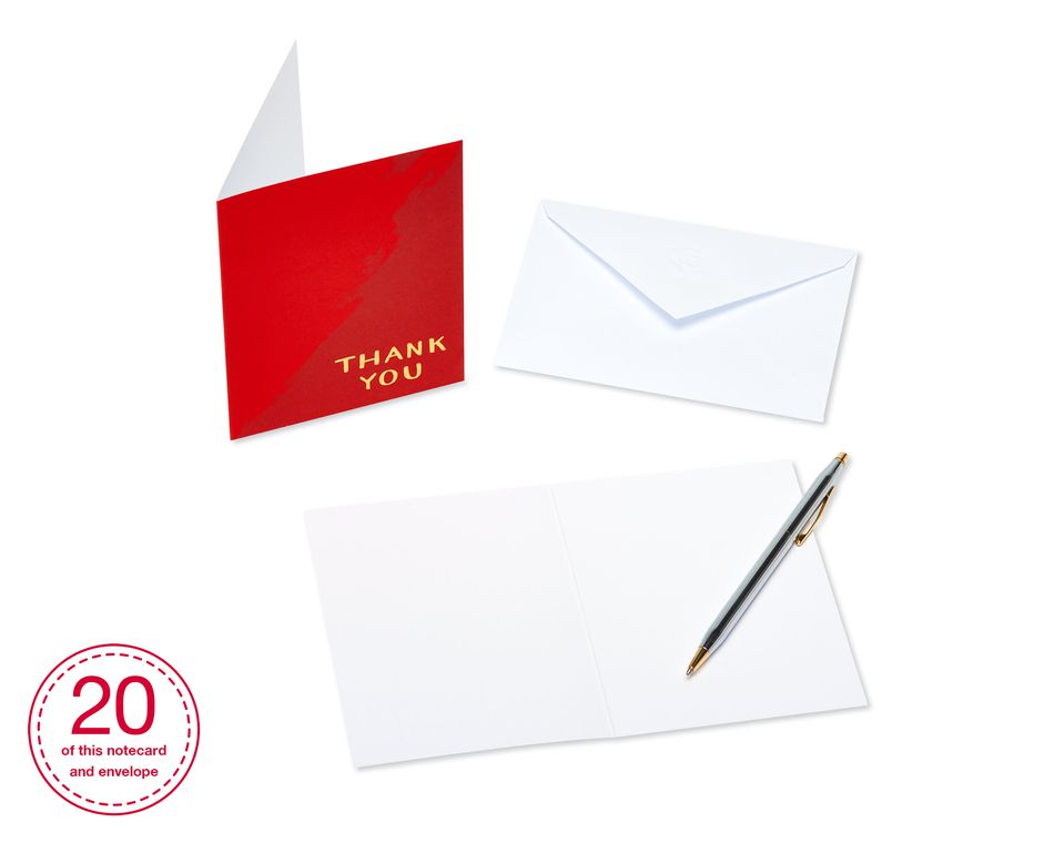 Red and Gold Thank You Blank Note Cards and White Envelopes, 20-Count