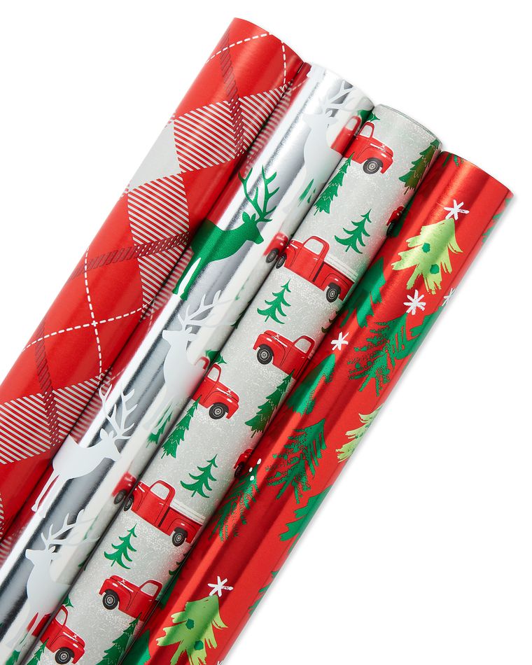 Christmas Reversible Wrapping Paper, Stripes, Polka Dots, Plaids, Reindeer, Retro Trucks, Trees and Christmas Lettering, 4-Rolls, 120 Total Sq. Ft.