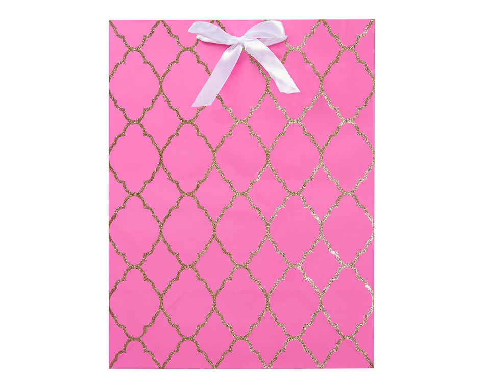 medium pink and gold glitter trellis gift bag