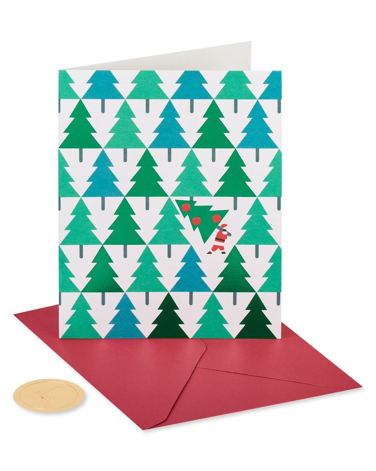Glitter-Free Pine Trees with Santa Holiday Christmas Cards Boxed, 20-Count