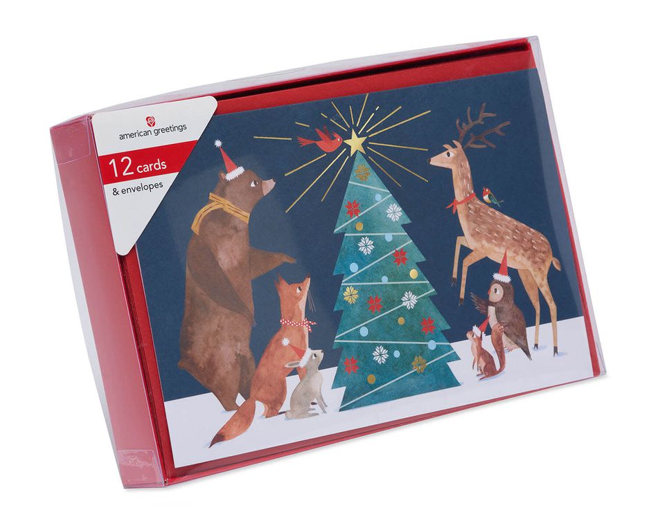 Forest Animals and Tree Christmas Boxed Cards and White Envelopes, 12-Count