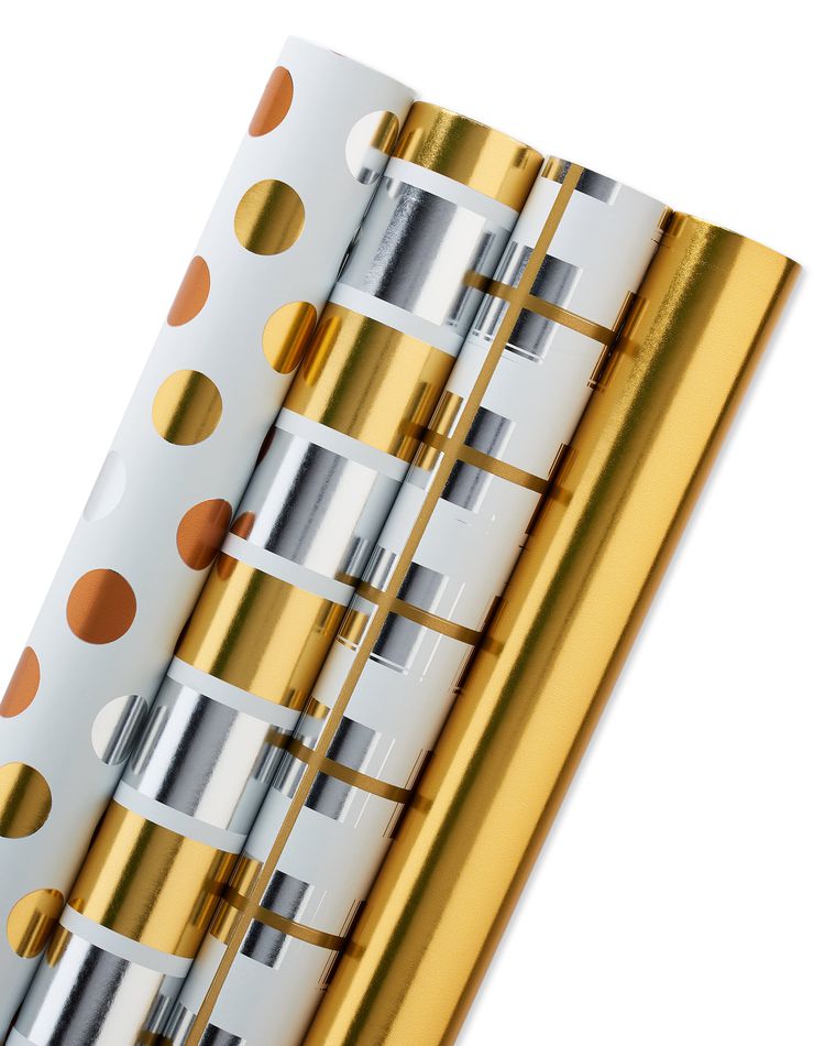 Christmas Reversible Wrapping Paper, Gold and Silver Plaid, Stripes, Polka Dot and Solids,  4-Rolls, 80 Total Sq. Ft.