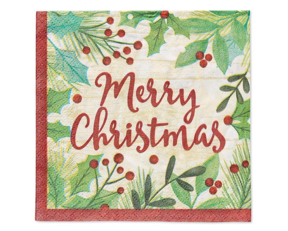 Merry Christmas Holly 16-Count Beverage Napkins