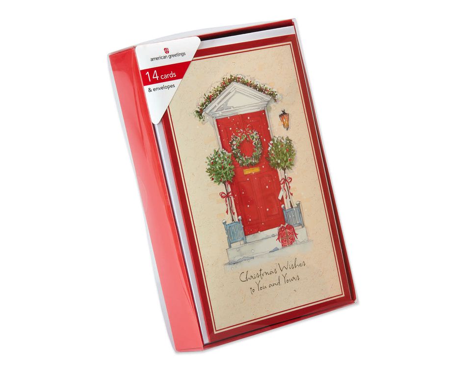 Red Front Door with Wreath Christmas Boxed Cards, 14 Count