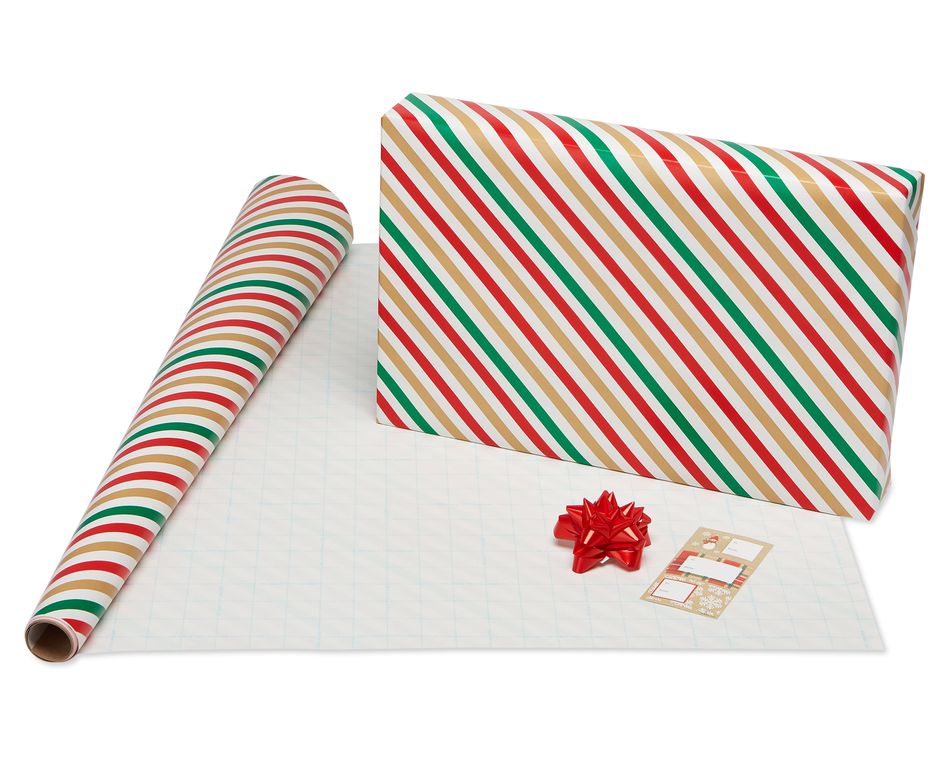 Christmas Wrapping Paper Ensemble with Bows and Gift Tags, Red, Green and Tan, Snowmen, Stripes, Plaid and Script, 4-Rolls, 41-Count