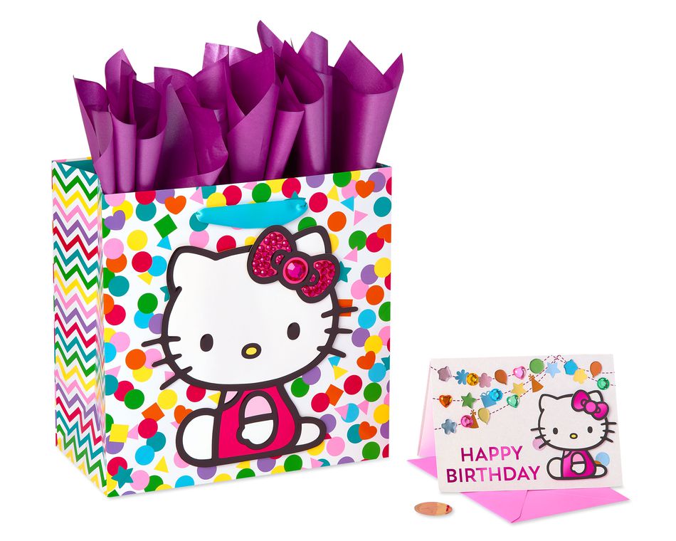 Hello Kitty Gift Bag with Card and Tissue Paper, Hello Kitty Birthday, 3-Count