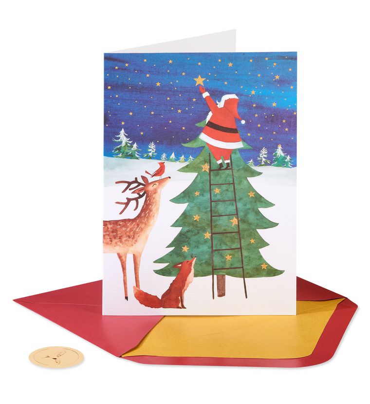 Santa Reaching for Holiday Star - Glitter Free Christmas Cards Boxed, 14-Count