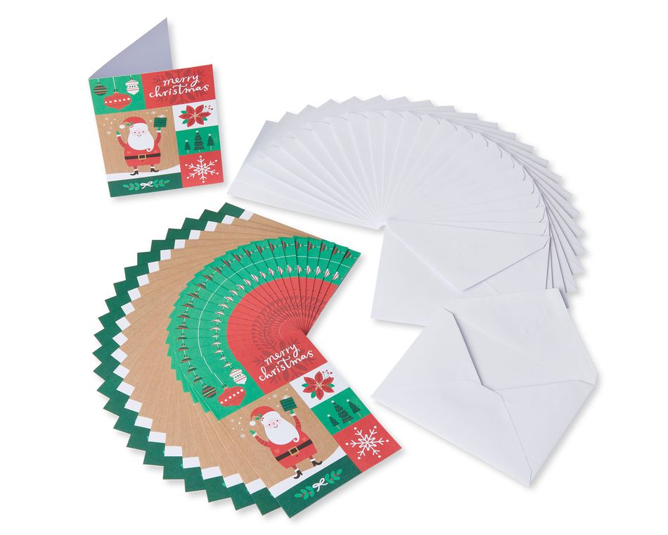 Patchwork Santa Blank Christmas Note Cards and White Envelopes, 25-Count