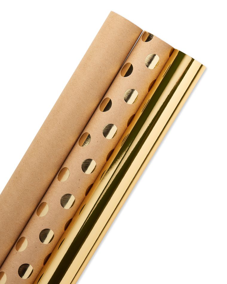 American Greetings Wrapping Paper, Kraft and Gold Polka Dots, 3-Count